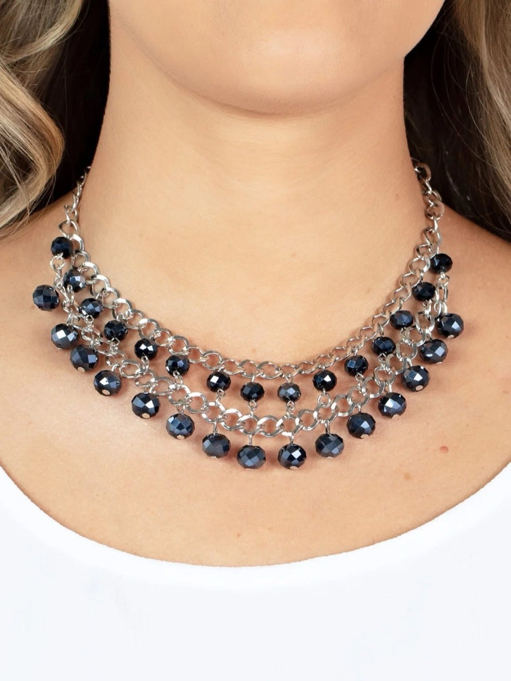 paparazzi Silver Necklace with Navy Blue Faceted Beads